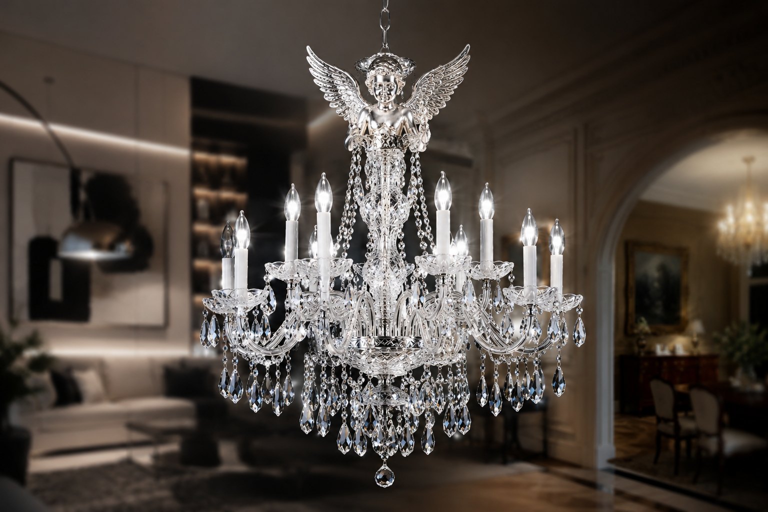 Crystal angel chandelier in a luxury room