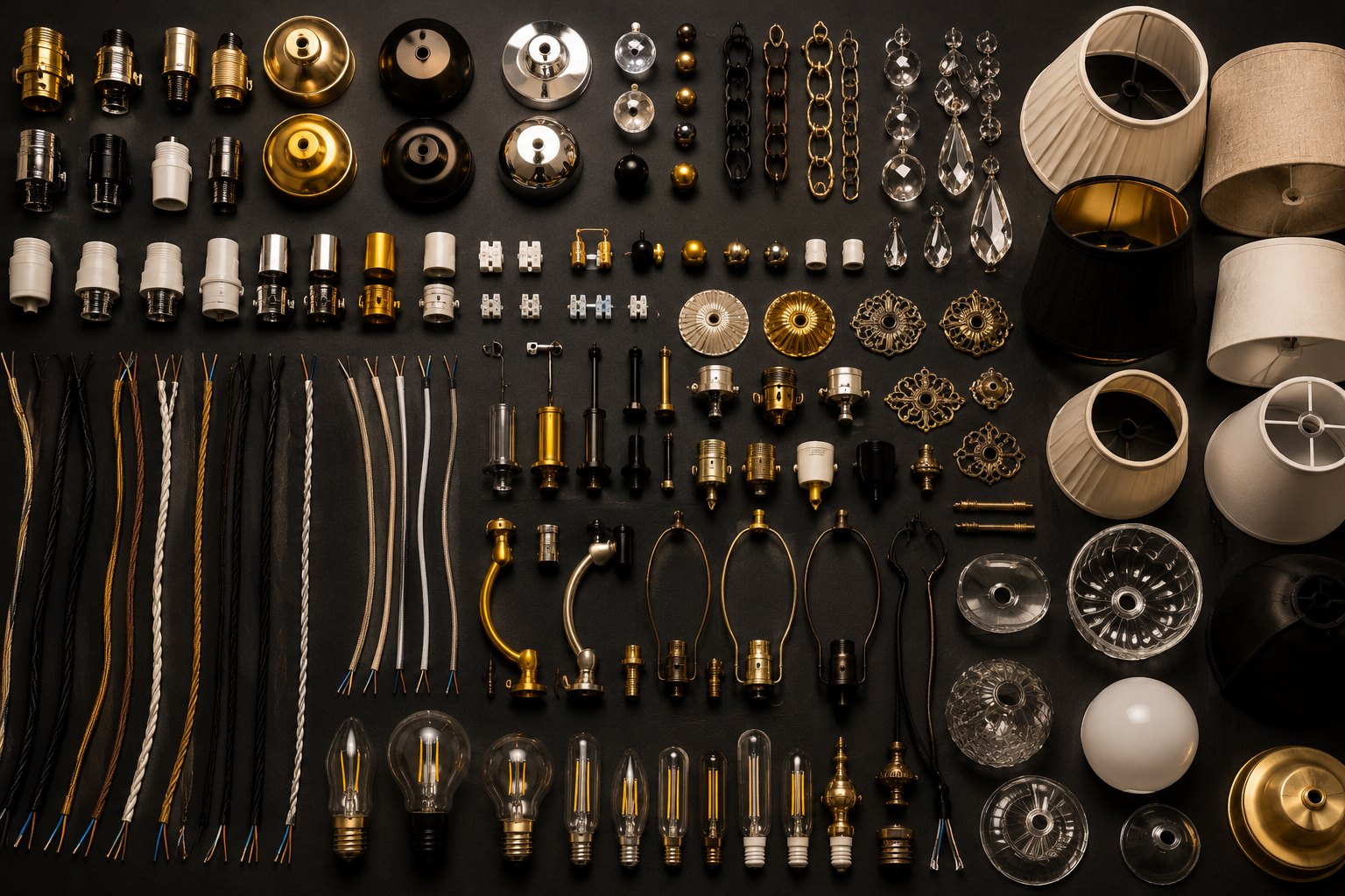 Lamp shades, sockets, cords, crystals, and lighting parts