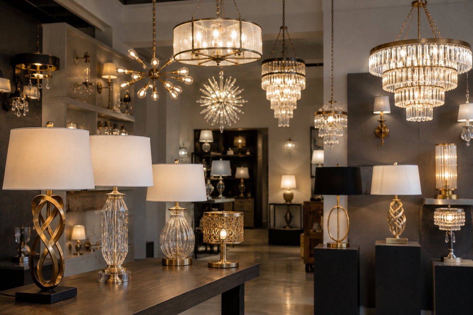 Lighting showroom with chandeliers, lamps, and decorative fixtures